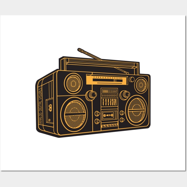 Boombox (Yellow Orange Lines + Black Drop Shadow) Analog / Music Wall Art by Analog Digital Visuals